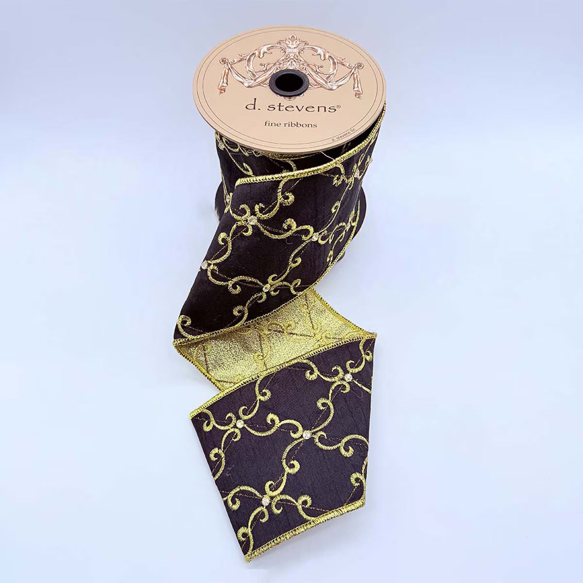 4” x 5yds metallic embroidery lattice scroll jewel, black
