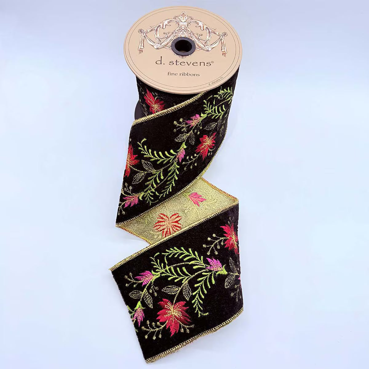 4" x 5yds velvet embroidery red pink floral, black