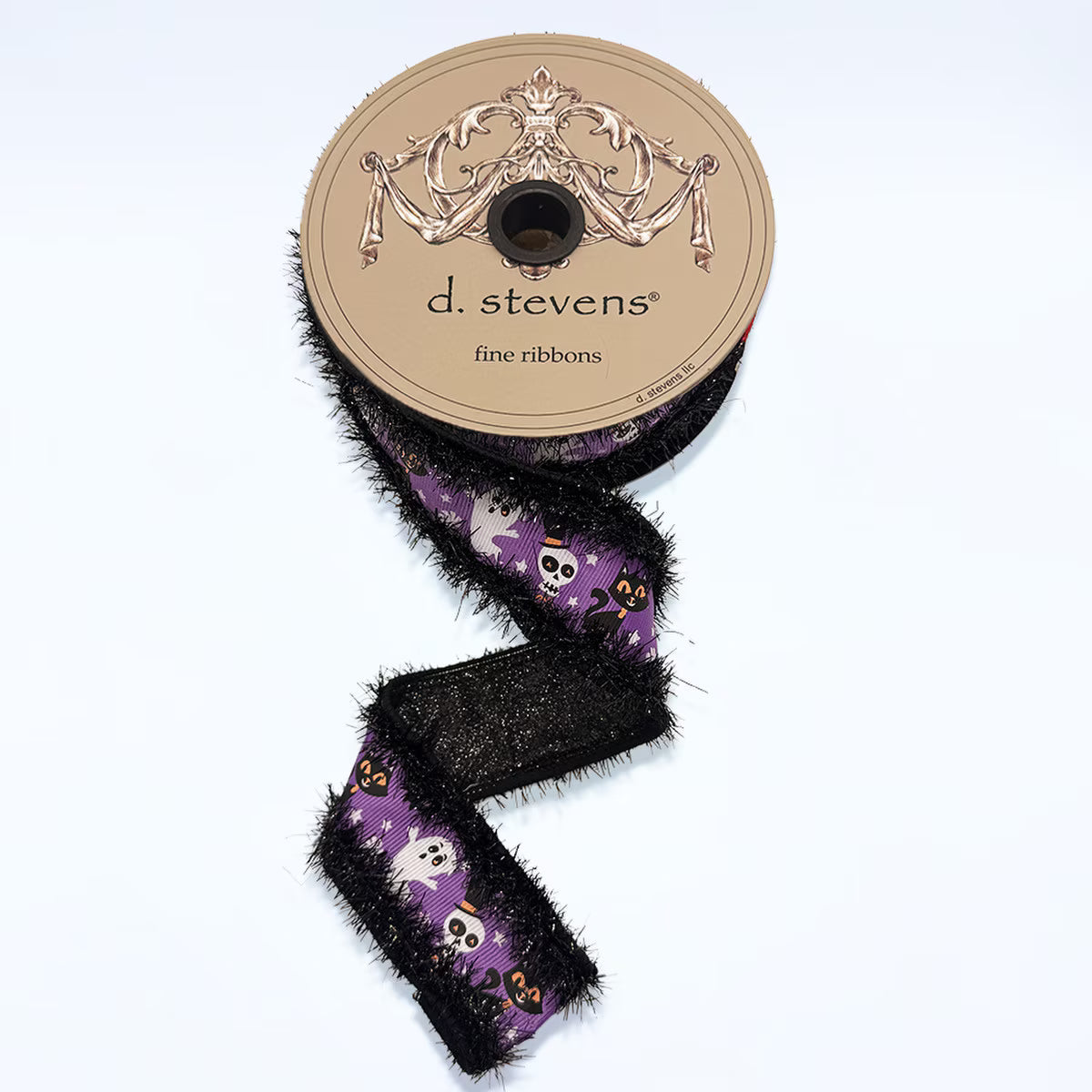 1.5” x 5yds grosgrain halloween ghost skull cat glitter back, black orange purple