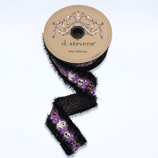 1.5” x 5yds grosgrain halloween ghost skull cat glitter back, black orange purple