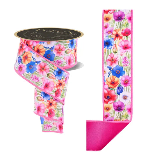 2.5"X10YD BRIGHT FLORALS/FUSED WHITE/MULTI/HOT PINK WIRED RIBBON - Burlap and Bling Decor