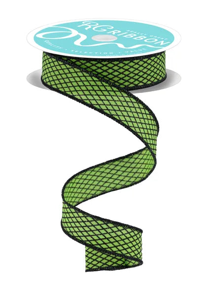 7/8"X10YD MINI HARLEQUIN FRESH GREEN/BLACK WIRED RIBBON - Burlap and Bling Decor