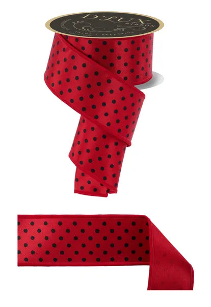 2.5"X10YD SMALL POLKA DOT/FUSED RED/BLACK WIRED RIBBON - Burlap and Bling Decor