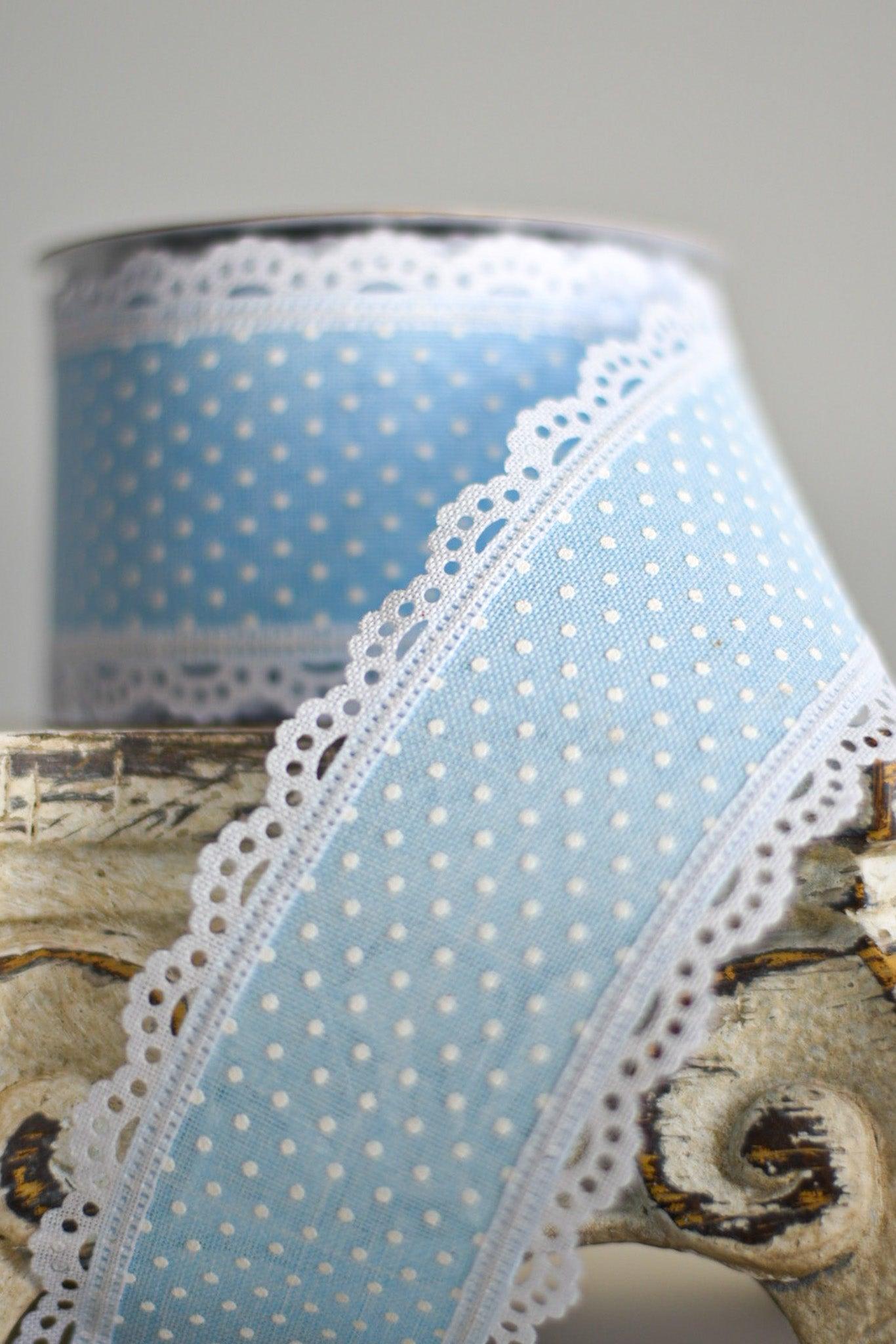 2.5"X10YD RAISED SWISS DOTS W/LACE PALE BLUE/WHITE - Burlap and Bling Decor