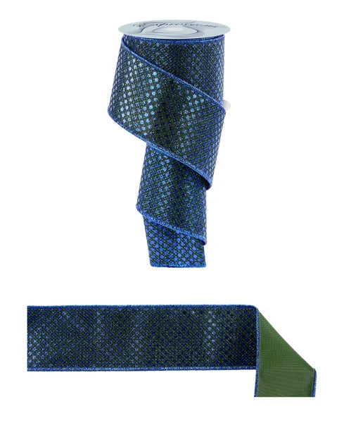 2.5"X10YD FOIL DOT MOSS GREEN/ROYAL BLUE WIRED RIBBON - Burlap and Bling Decor