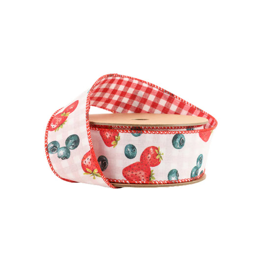 1 1/2" X 10 YD Wired Ribbon Strawberry/Blueberries on White w/ Checked Back - Burlap and Bling Decor