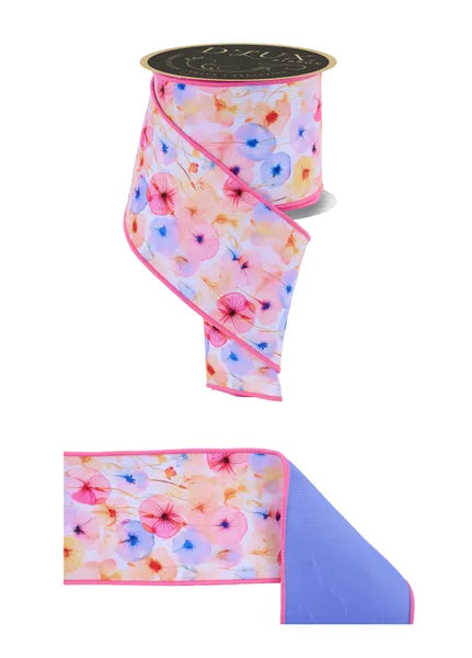 4"X10YD WATERCOLOR FLORALS/FUSED WHT/PNK/YELLOW/BLUE WIRED RIBBON