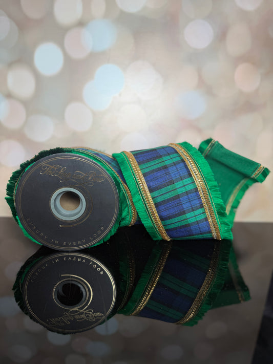 4"x10 yrds Plaid Ribbon Green Blue Fringe Trim