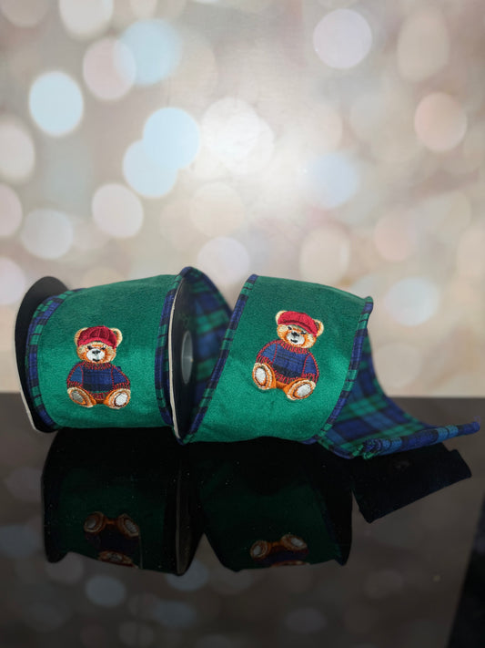 4"X10 yrds Green Velvet Embroidery Bear Blue Plaid Backing