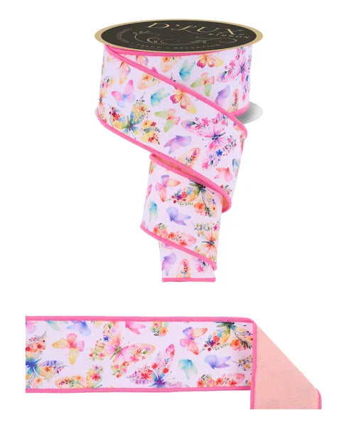 2.5"X10YD BOTANICAL BUTTERFLIES/FUSED WHT/YLLW/CRL/PNK/LAV WIRED RIBBON