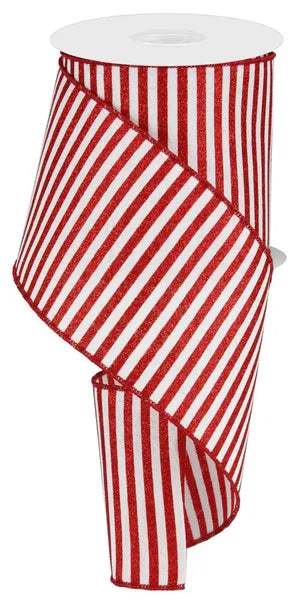 4"X10YD GLITTER STRIPE WHITE/RED WIRED RIBBON - Burlap and Bling Decor