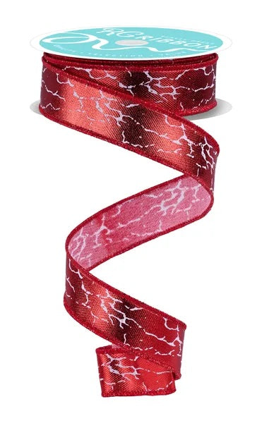 7/8"X10YDS CRACKED FOIL WHITE/RED WIRED RIBBON - Burlap and Bling Decor