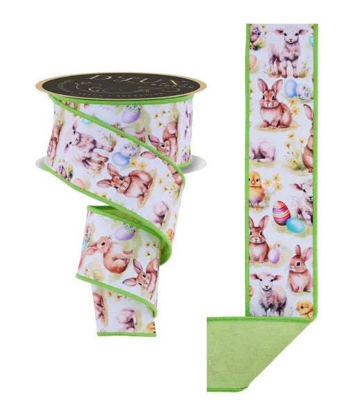 2.5"X10YD EASTER ANIMALS/FUSED WHT/MULTI BROWN/GREEN WIRED RIBBON - Burlap and Bling Decor