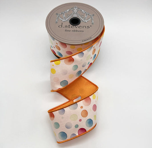 2.5” X 10YDS TAFFETA WATERCOLOR COLORFUL POLKA DOT, WHITE WIRED RIBBON - Burlap and Bling Decor