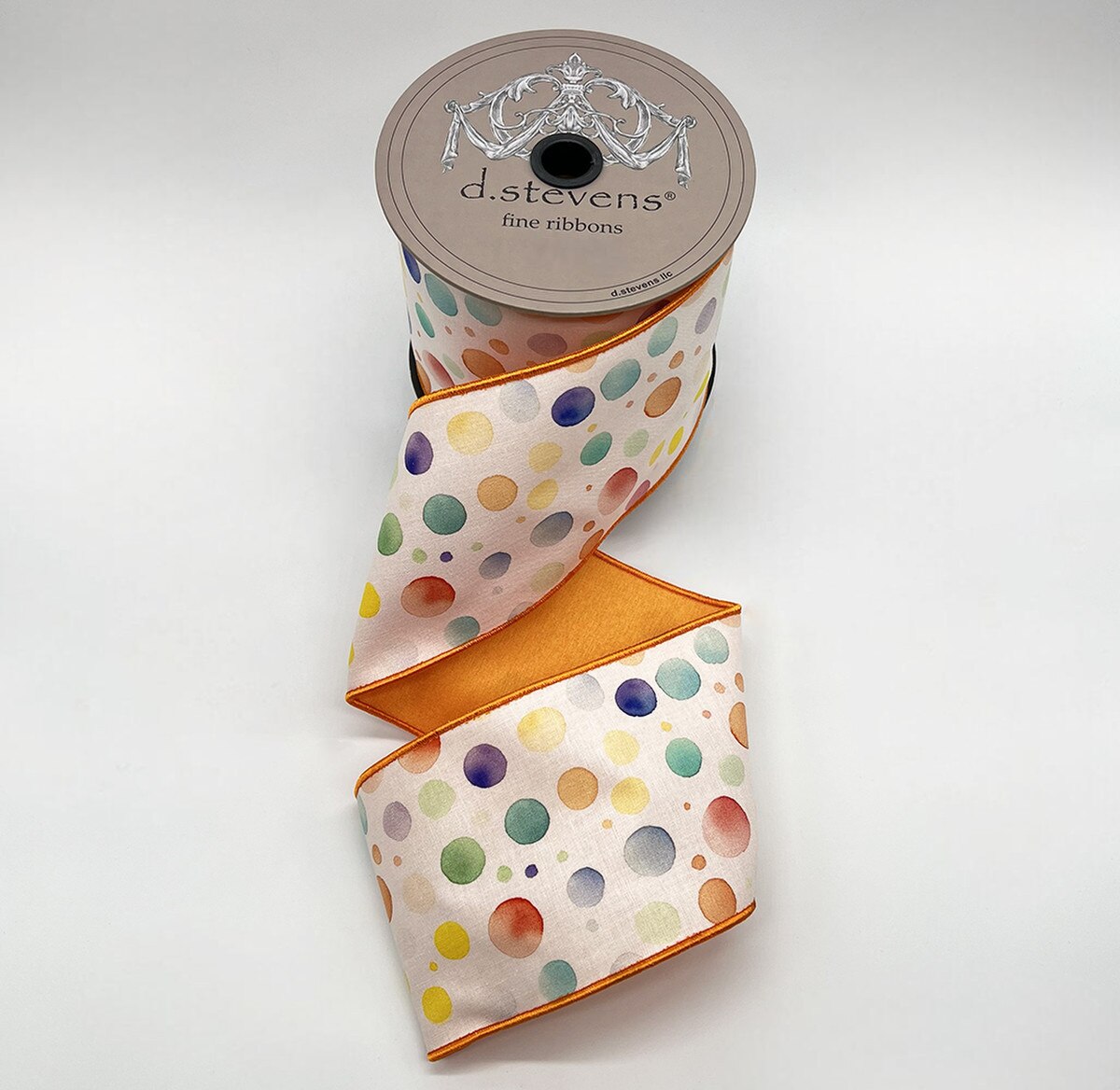 4“ X 10YDS TAFFETA WATERCOLOR COLORFUL POLKA DOT, WHITE WIRED RIBBON - Burlap and Bling Decor