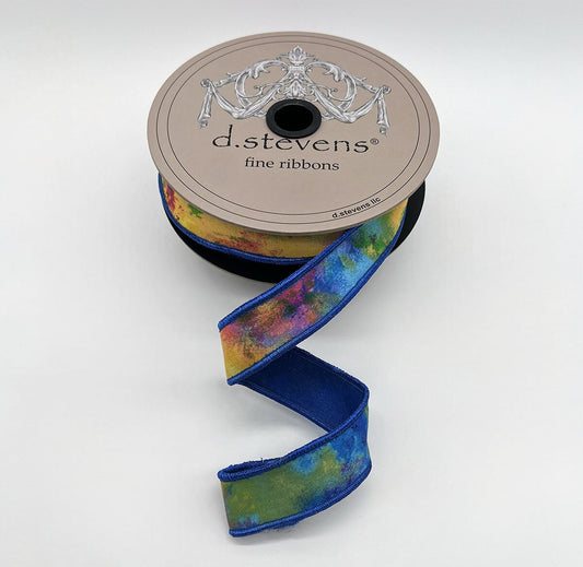 1” X 10YDS TAFFETA WATERCOLOR BLOB ART, BLUE GREEN HOT PINK NO TWO ALIKE WIRED RIBBON - Burlap and Bling Decor