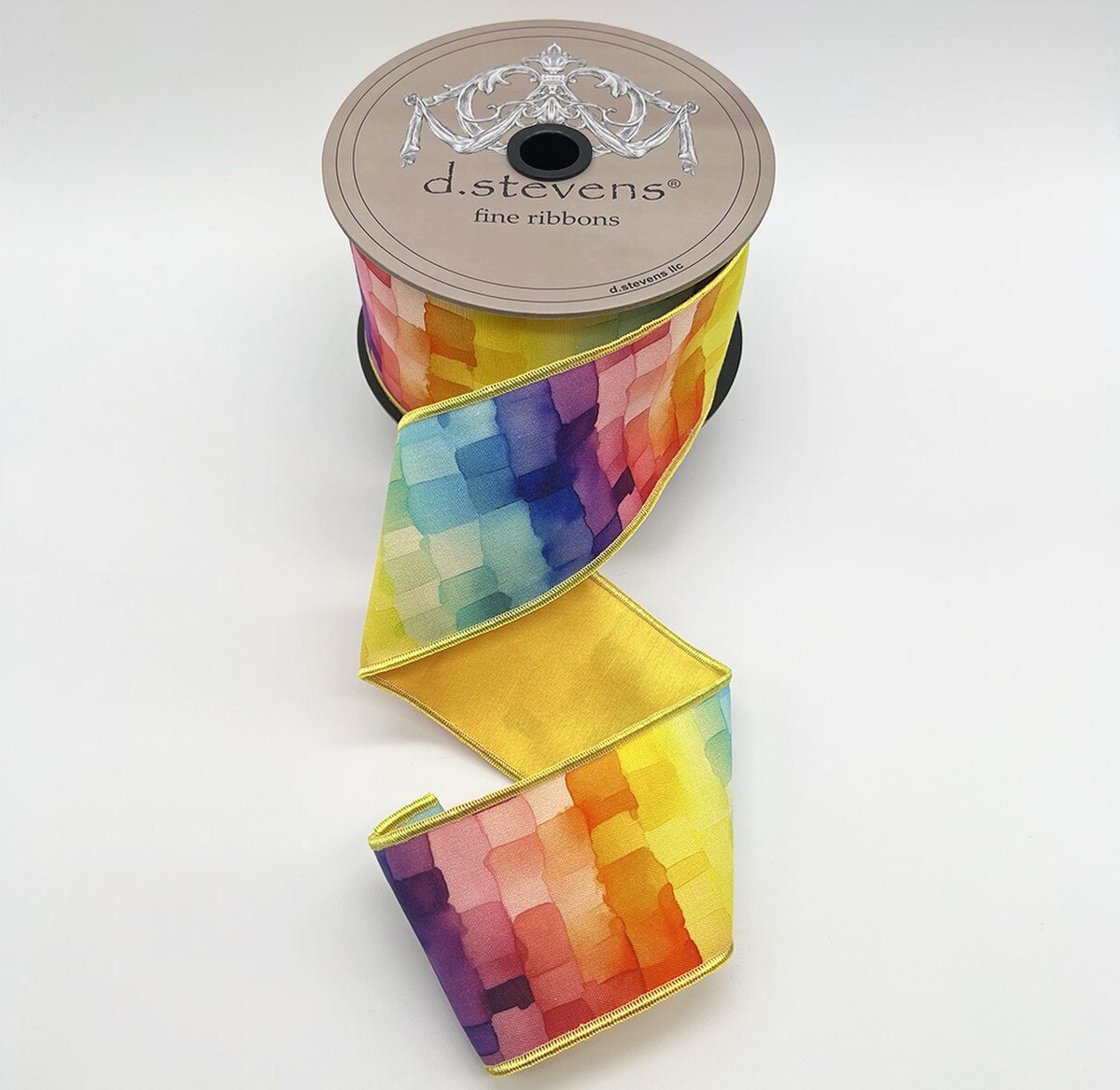 2.5” X 10YDS TAFFETA WATERCOLOR CUBES, AQUA BLUE YELLOW RED WIRED RIBBON - Burlap and Bling Decor