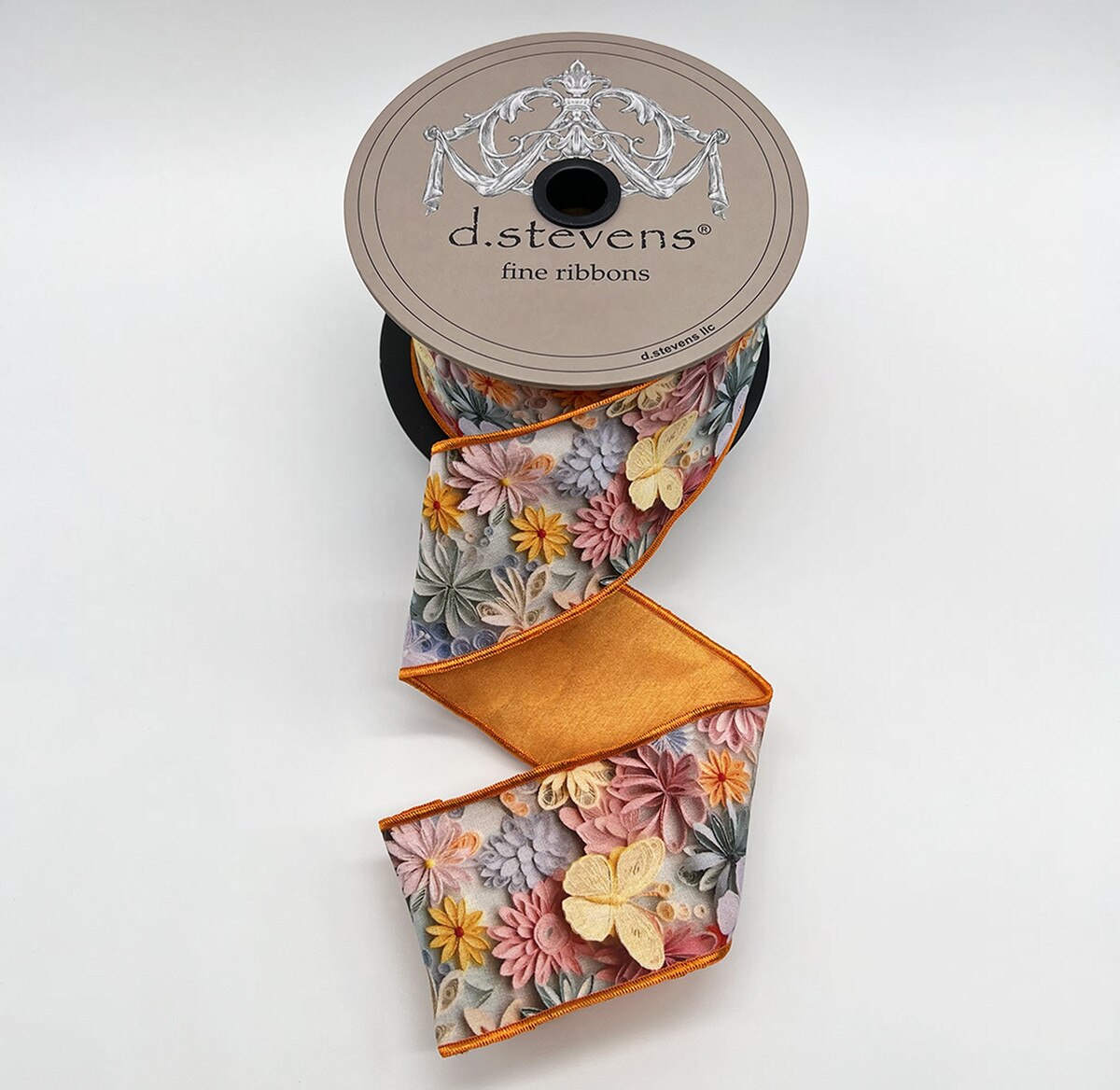 2.5” X 10YDS TAFFETA COLLAGE FLORAL BUTTERFLIES, PINK MINT IVORY NO TWO ALIKE WIRED RIBBON - Burlap and Bling Decor