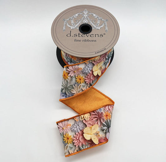 2.5” X 10YDS TAFFETA COLLAGE FLORAL BUTTERFLIES, PINK MINT IVORY NO TWO ALIKE WIRED RIBBON - Burlap and Bling Decor