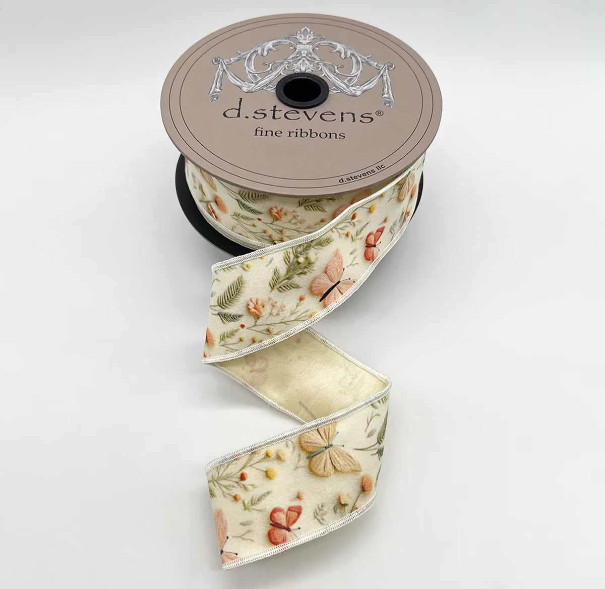 1.5” X 10YDS TAFFETA SPRING FLORAL BUTTERFLIES, PINK CELADON IVORY NO TWO ALIKE WIRED RIBBON - Burlap and Bling Decor