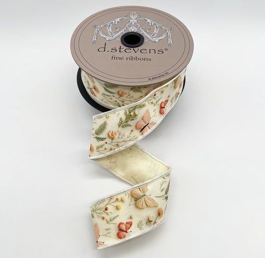 1.5” X 10YDS TAFFETA SPRING FLORAL BUTTERFLIES, PINK CELADON IVORY NO TWO ALIKE WIRED RIBBON - Burlap and Bling Decor