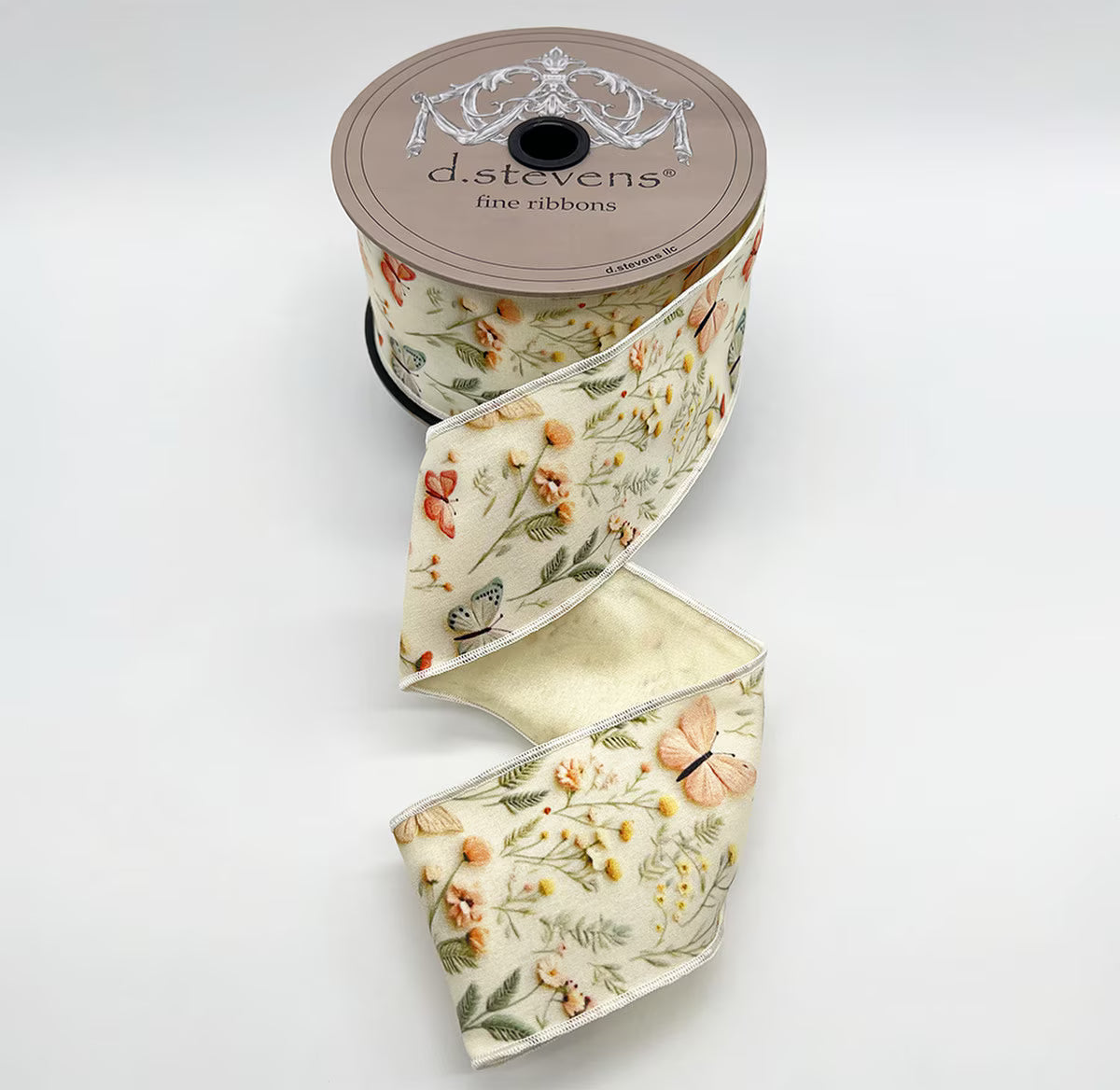 2.5“ X 10YDS TAFFETA SPRING FLORAL BUTTERFLIES, PINK CELADON IVORY NO TWO ALIKE WIRED RIBBON - Burlap and Bling Decor