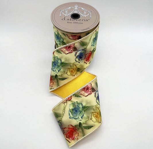 4“ X 10YDS TAFFETA ACRYLIC COLORFUL ROSES, HOT PINK BLUE IVORY NO TWO ALIKE WIRED RIBBON - Burlap and Bling Decor