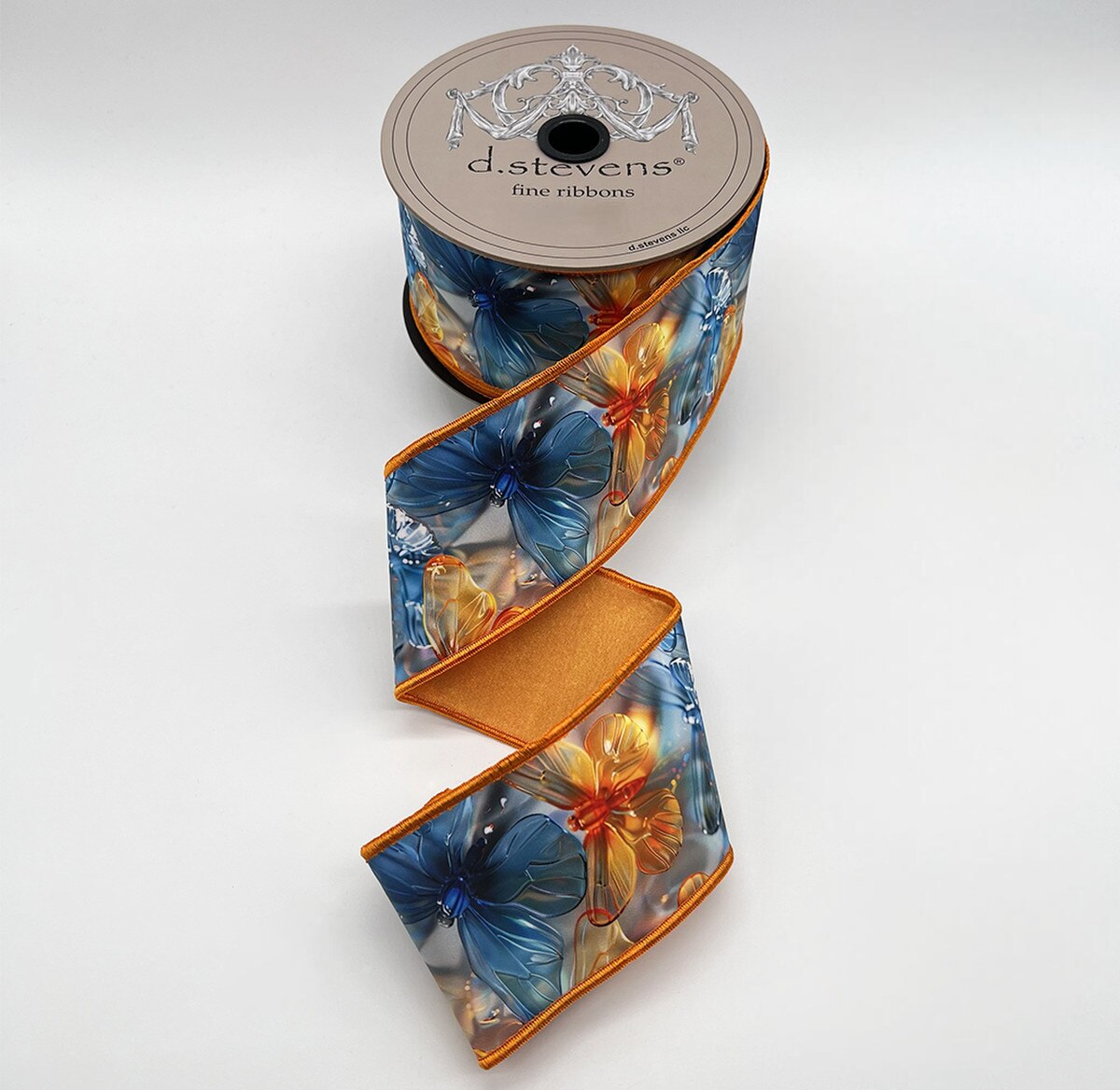 2.5” X 10YDS TAFFETA ACRYLIC MIX COLORFUL BUTTERFLIES ORANGE BACK, ORANGE YELLOW BLUE NO TWO ALIKE WIRED RIBBON - Burlap and Bling Decor