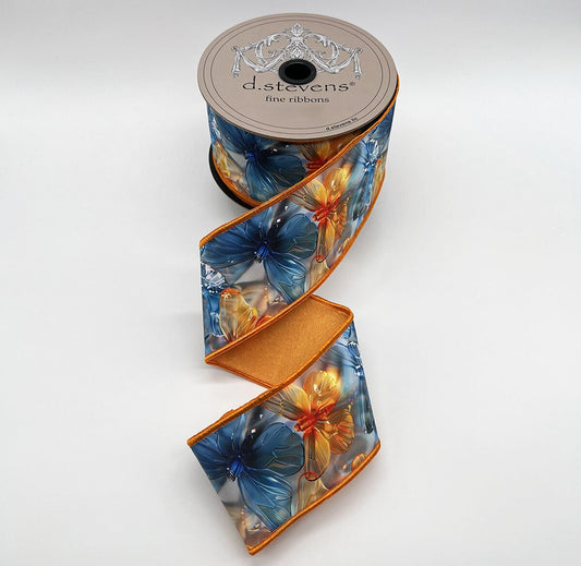 2.5” X 10YDS TAFFETA ACRYLIC MIX COLORFUL BUTTERFLIES ORANGE BACK, ORANGE YELLOW BLUE NO TWO ALIKE WIRED RIBBON - Burlap and Bling Decor