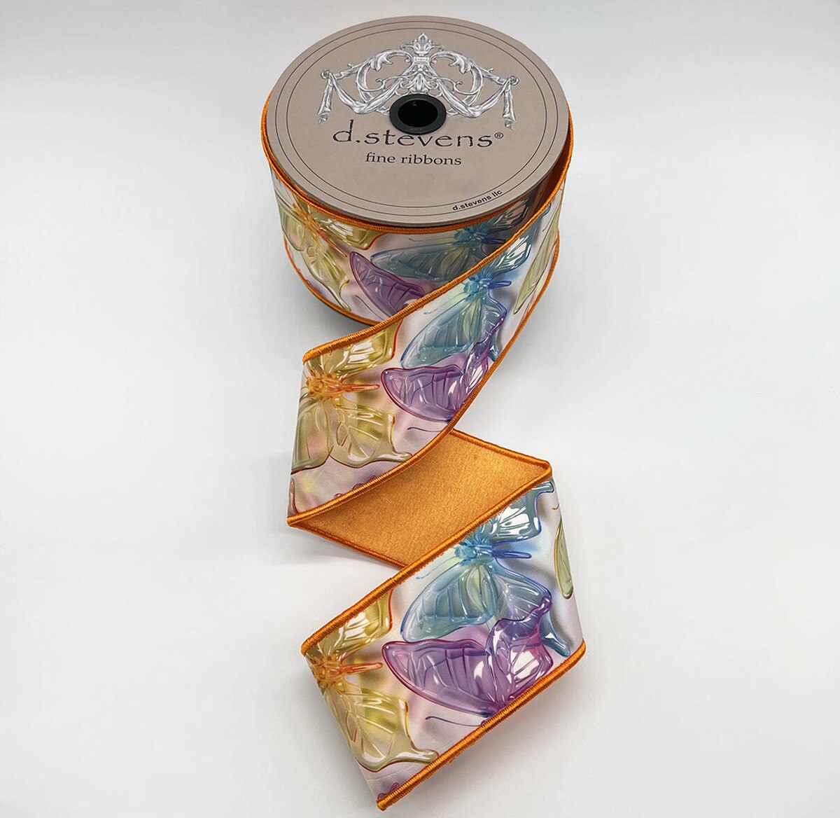 2.5“ X 10YDS TAFFETA ACRYLIC MIX COLORFUL BUTTERFLIES, LAVENDER AQUA CORAL AMBER NO TWO ALIKE WIRED RIBBON - Burlap and Bling Decor