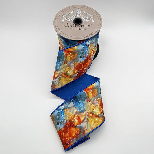 4“ X 10YDS TAFFETA COLORFUL BUTTERFLIES ROYAL BLUE BACK, ORANGE YELLOW BLUE NO 2 ALIKE WIRED RIBBON - Burlap and Bling Decor