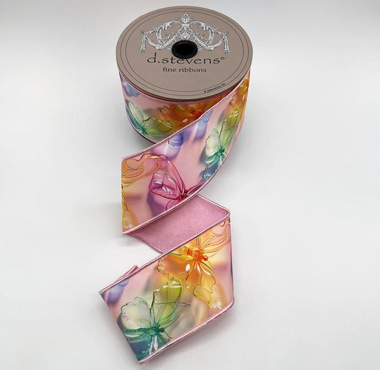 2.5” X 10YDS TAFFETA ACRYLIC MIX COLORFUL PASTEL BUTTERFLIES, PINK BLUE AMBER GREEN NO TWO ALIKE WIRED RIBBON - Burlap and Bling Decor