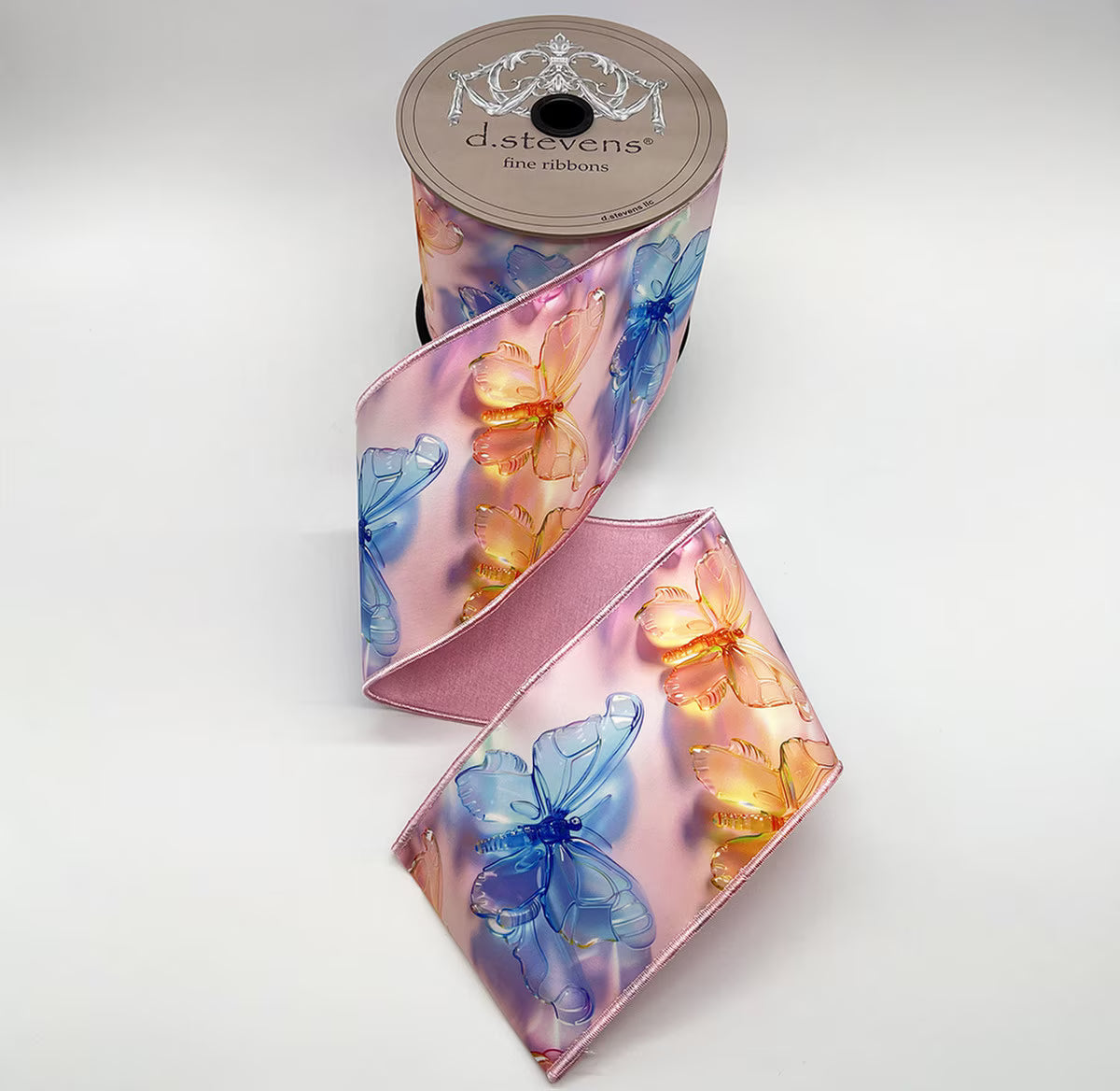 4“ X 10YDS TAFFETA ACRYLIC MIX COLORFUL PASTEL BUTTERFLIES, PINK BLUE AMBER GREEN NO TWO ALIKE WIRED RIBBON - Burlap and Bling Decor