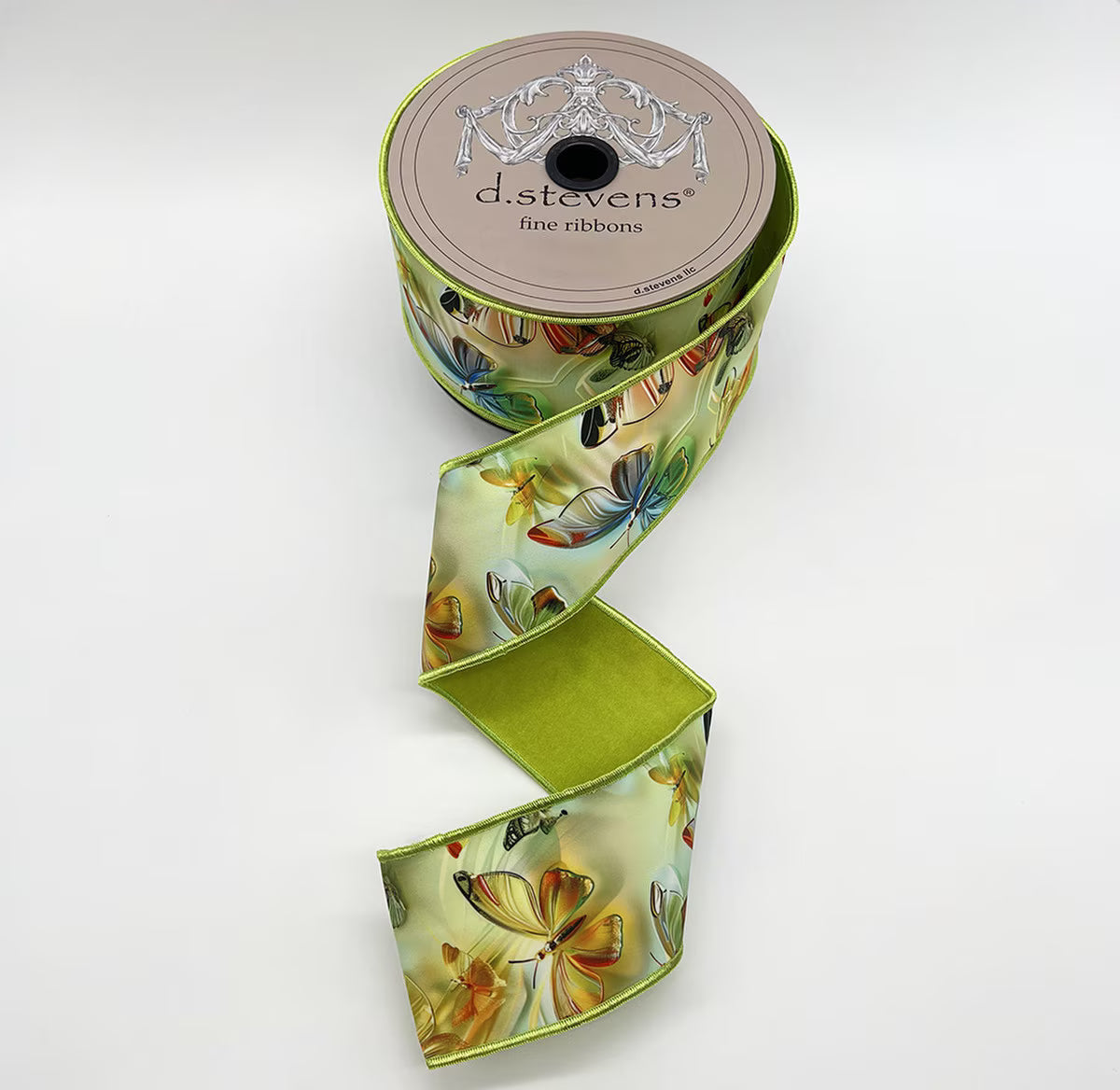 2.5” X 10YDS TAFFETA ACRYLIC LOOK ASSORTED BUTTERFLIES GREEN BACK, BLUE GREEN AMBER NO TWO ALIKE WIRED RIBBON - Burlap and Bling Decor