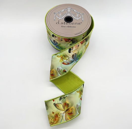 2.5” X 10YDS TAFFETA ACRYLIC LOOK ASSORTED BUTTERFLIES GREEN BACK, BLUE GREEN AMBER NO TWO ALIKE WIRED RIBBON - Burlap and Bling Decor
