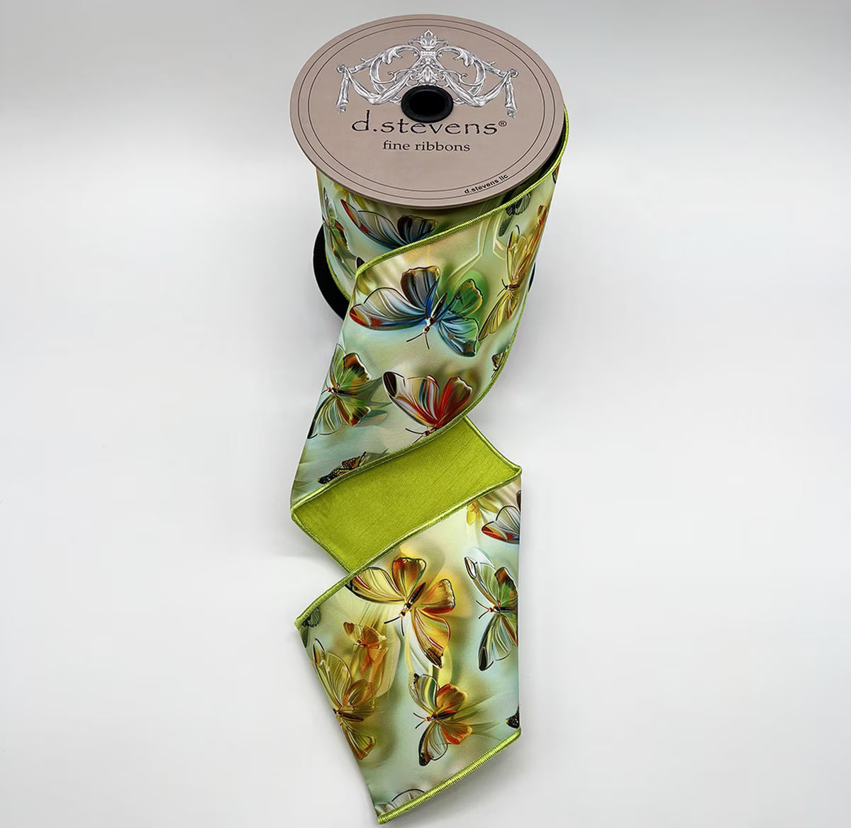 4“ X 10YDS TAFFETA ACRYLIC LOOK ASSORTED BUTTERFLIES GREEN BACK, BLUE GREEN AMBER NO TWO ALIKE WIRED RIBBON - Burlap and Bling Decor