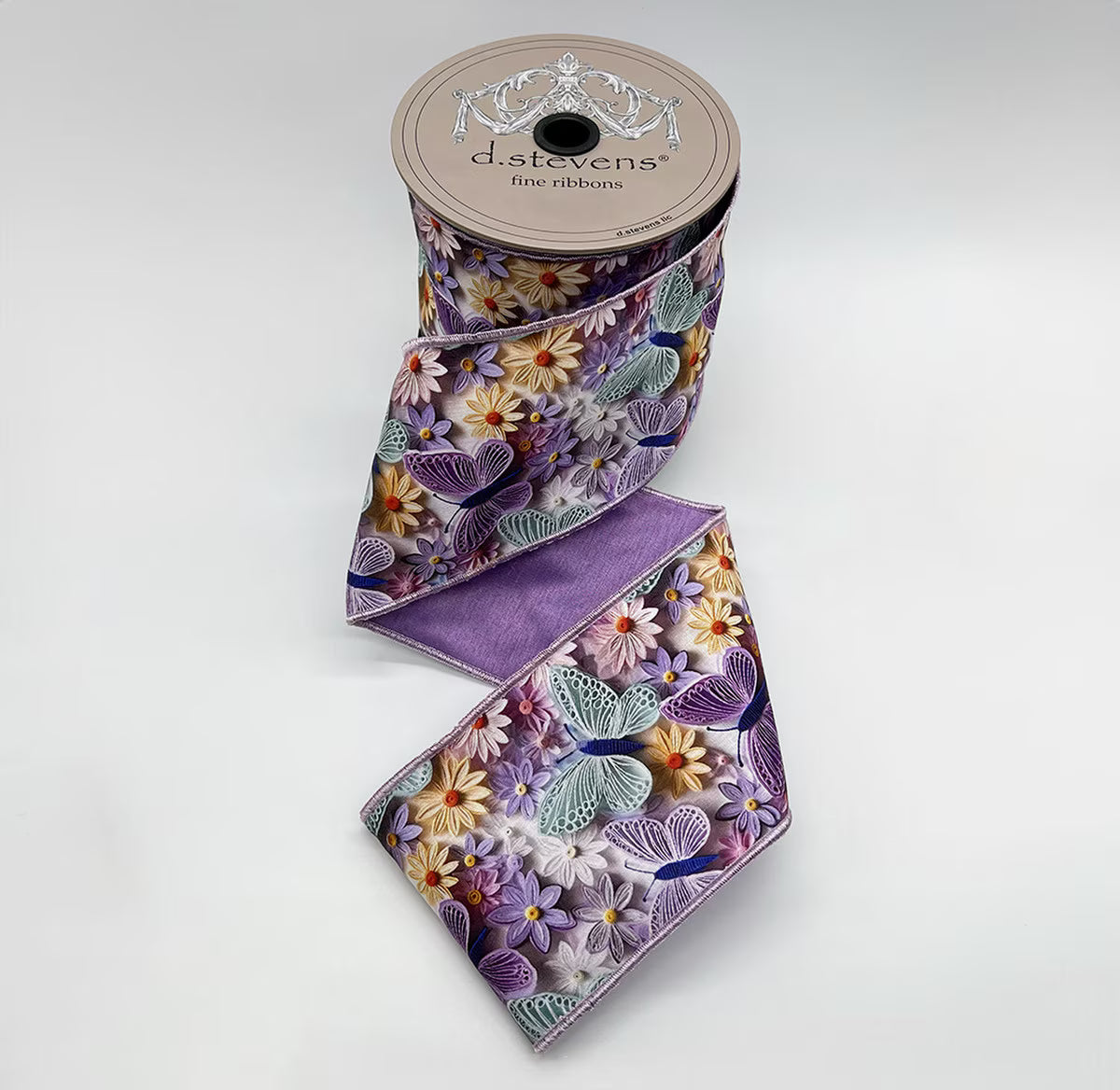 4” X 10YDS TAFFETA COLLAGE FLORAL BUTTERFLIES, LAVENDER MINT BUTTERCREAM NO TWO ALIKE WIRED RIBBON - Burlap and Bling Decor