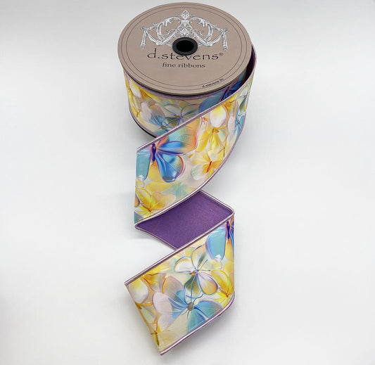 2.5“ X 10YDS TAFFETA WATERCOLOR ASSORTED BUTTERFLIES, BUTTERCREAM LAVENDER BLUE NO TWO ALIKE WIRED RIBBON - Burlap and Bling Decor