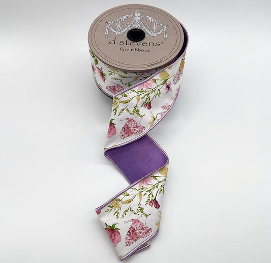 2.5“ X 10YDS TAFFETA SPRING FLORAL GARDEN BUTTERFLIES, GREEN LAVENDER BLUE NO TWO ALIKE WIRED RIBBON - Burlap and Bling Decor