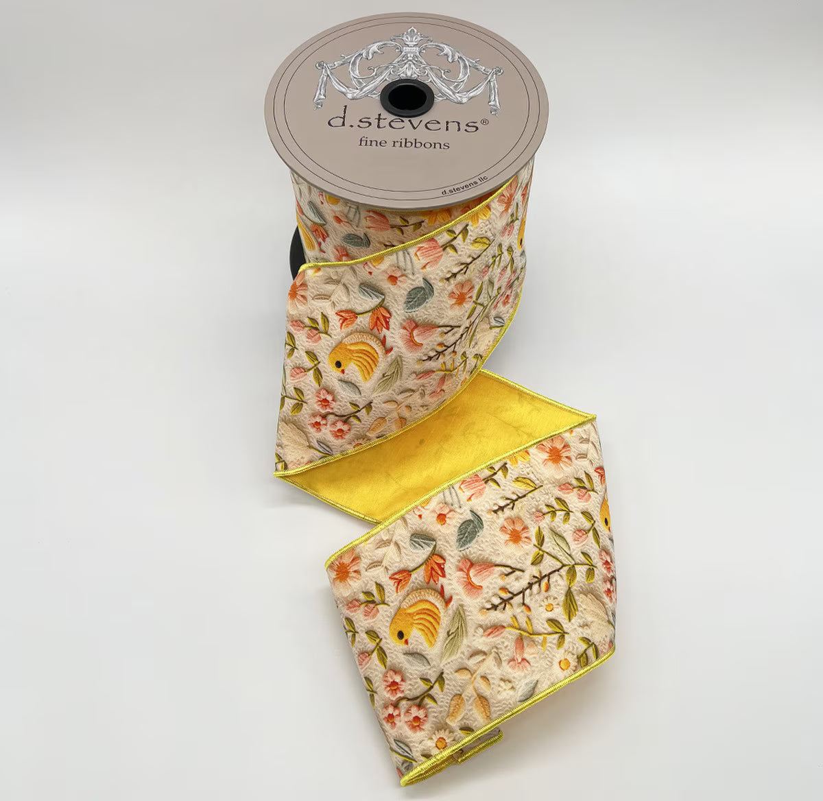 4” X 10YDS TAFFETA COLLAGE SPRING FLORAL BIRD CHICKS, GREEN PINK BLUE YELLOW NO TWO ALIKE WIRED RIBBON - Burlap and Bling Decor