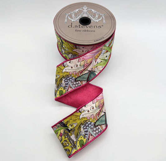 2.5” X 10YDS TAFFETA COLLAGE FLORAL BUTTERFLY BIRD HOT PINK BACK, LIME AQUA BLUE NO 2 ALIKE WIRED RIBBON - Burlap and Bling Decor