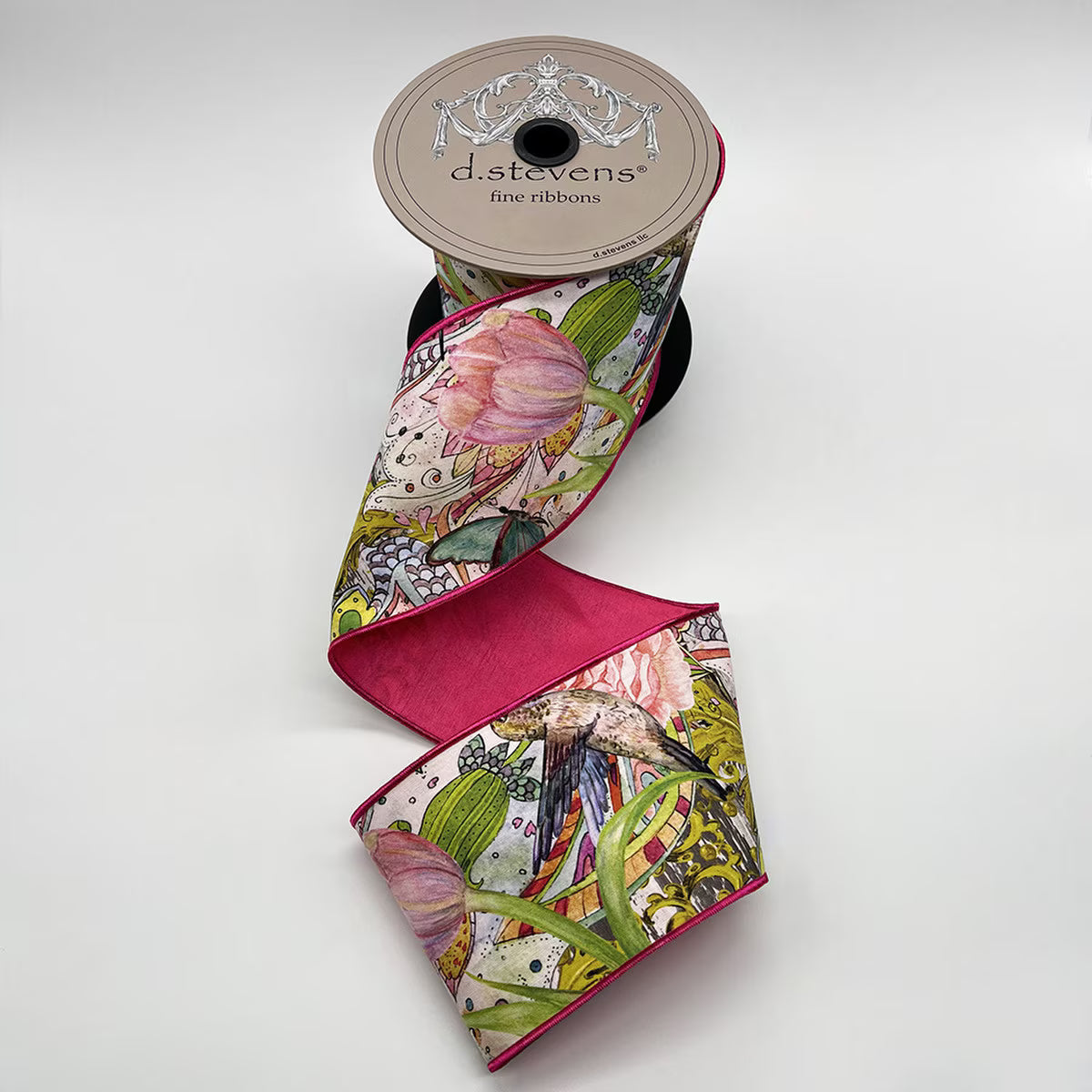 4“ X 10YDS TAFFETA COLLAGE FLORAL BUTTERFLY BIRD HOT PINK BACK, LIME AQUA BLUE NO 2 ALIKE WIRED RIBBON - Burlap and Bling Decor