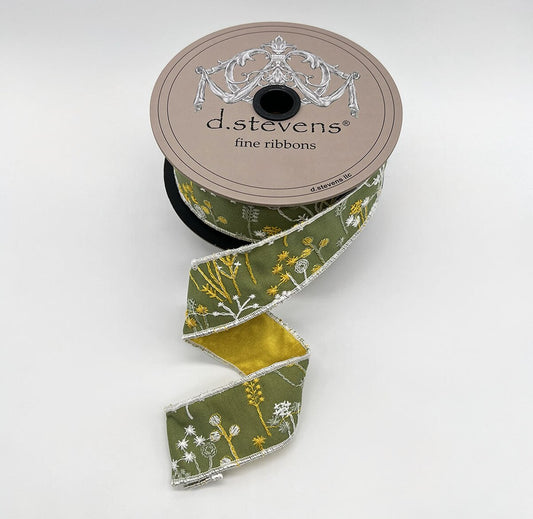 1.5“ X 10YDS TAFFETA WHITE GOLDEN YELLOW SIMPLE WILDFLOWERS, OLIVE GREEN NO TWO ALIKE WIRED RIBBON - Burlap and Bling Decor