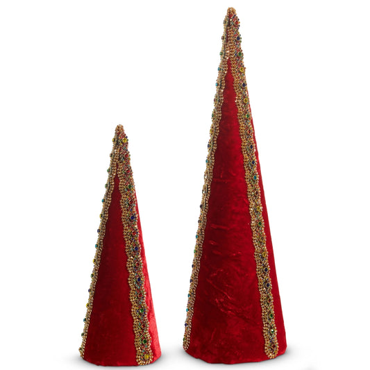 18" RED VELVET JEWELED CONE TREES set of 2