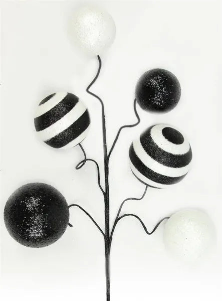 20"L STRIPE/SOLID GLITTER BALL PICK BLACK/WHITE - Burlap and Bling Decor