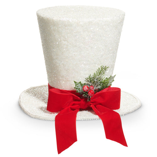 12" White Glitter Top Hat with Red Bow - Burlap and Bling Decor