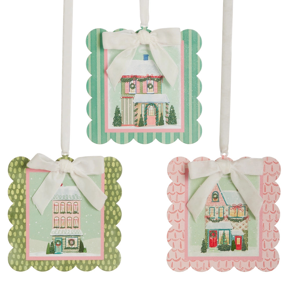 5.75" Snowflake Lane Scalloped Edge Ornament Choose one Pink, Green Dot or Teal Stripe