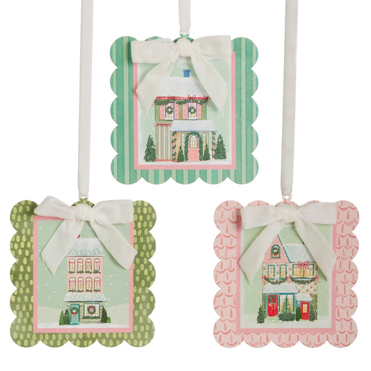 5.75" Snowflake Lane Scalloped Edge Ornament Choose one Pink, Green Dot or Teal Stripe