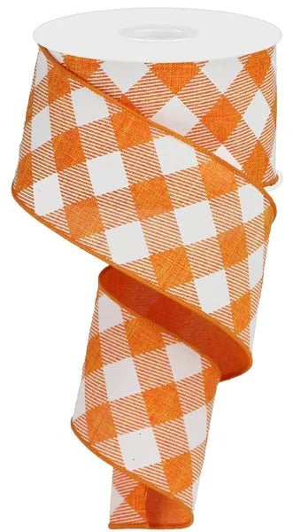 2.5"X10YDS DIAGONAL CHECK ON ROYAL ORANGE/WHITE WIRED RIBBON - Burlap and Bling Decor