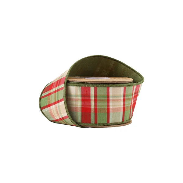 2.5" X10YDS RED/GREEN PLAID W/ DUPIONI BACKING WIRED RIBBON
